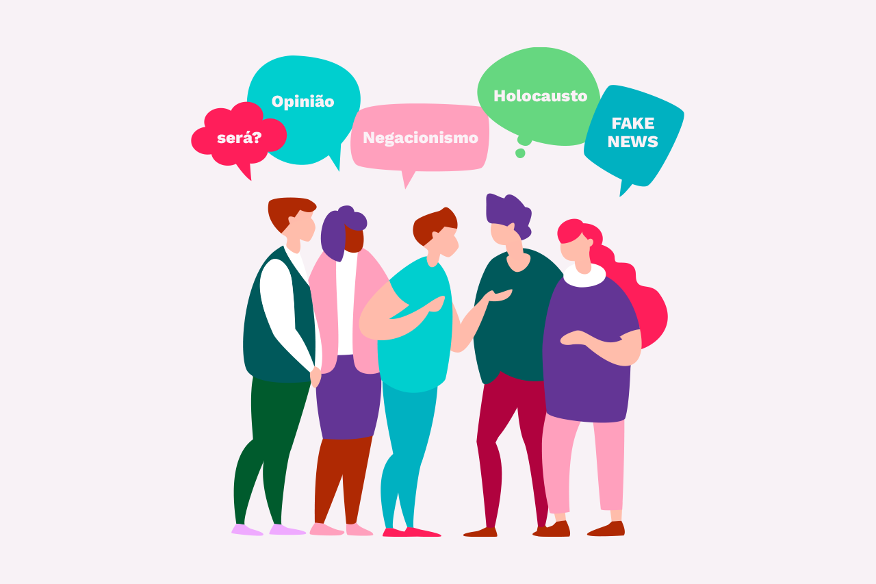 Ilustração de grupo de pessoas conversando sobre fake news.