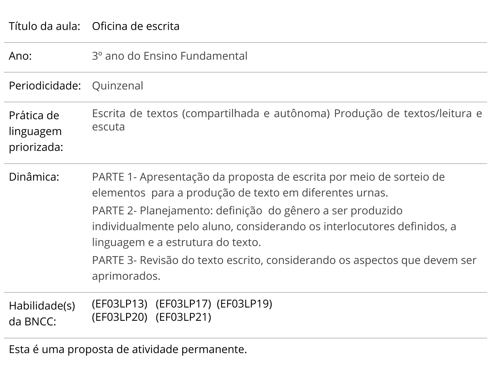 Plano De Aula 3º Ano Lingua Portuguesa Oficina De Escrita