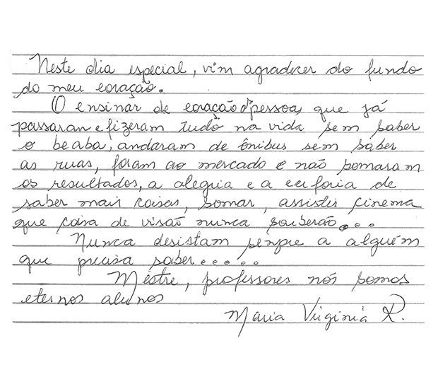Bilhete escrito por aluno de EJA para o Dia do Professor