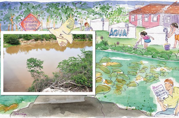 O consumo consciente da água e a preservação da mata ciliar foram citados pelos alunos. Fotos Mateus Andrade/Imagem News. Ilustração Melissa Lagôa