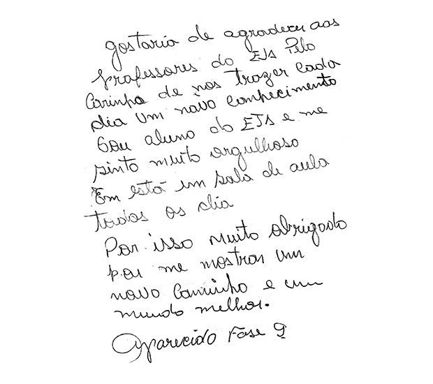 Bilhete escrito por aluno de EJA para o Dia do Professor