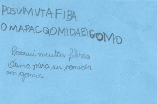 Nas frases elaboradas pelos alunos, estavam o nome do produto e os dados pesquisados. Manuela Novais