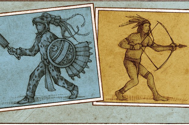 Modo de vida dos nativos Os rituais dos moradores da América Central <i>(à esq.)</i> indicavam uma cultura mais sofisticada que a dos brasileiros <i>(à dir.)</i>, que caçavam animais silvestres com arco e flecha, conforme a análise dos estudantes. Sandro Castelli