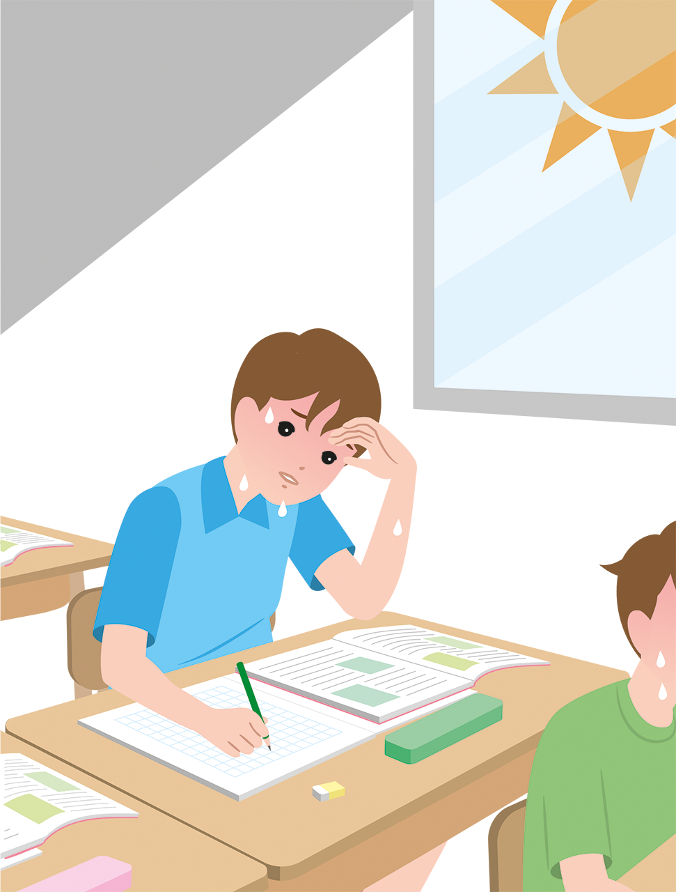 Ilustração de aluno passando calor na sala de aula