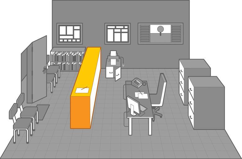 Ilustração de uma secretaria, com destaque para o balcão