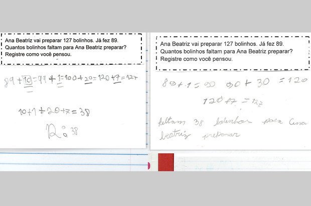 A utilização de novas estratégias potencializou a evolução da classe. Maria Clara e Lívia, por exemplo, adotaram o método da separação e decomposição dos números para solucionar os desafios. Paulo Vitale. Reprodução