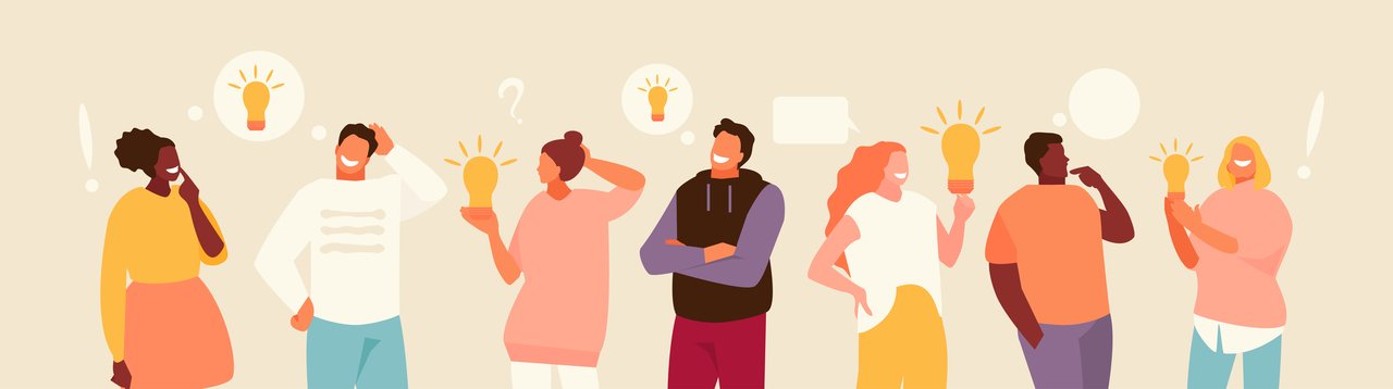 ilustração é composta por um grupo de pessoas com ideias e caixas de diálogo acima da cabeça